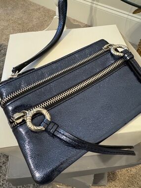 Brighton Black Leather Crossbody Wristlet with Silver Rings